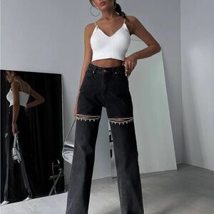 Black High Rise Wide-Leg Jeans with Knee Cutouts